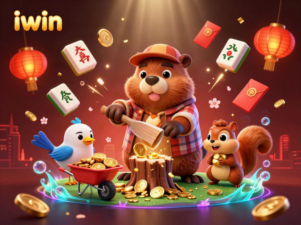 Experience the thrill of iwin as a beaver collects cascading gold coins in a vibrant casino scene.