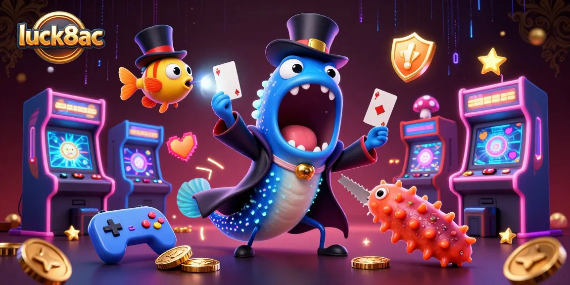 Engage with luck8ac's vibrant casino atmosphere through a whimsical 3D illustration featuring aquatic characters and arcade game elements.
