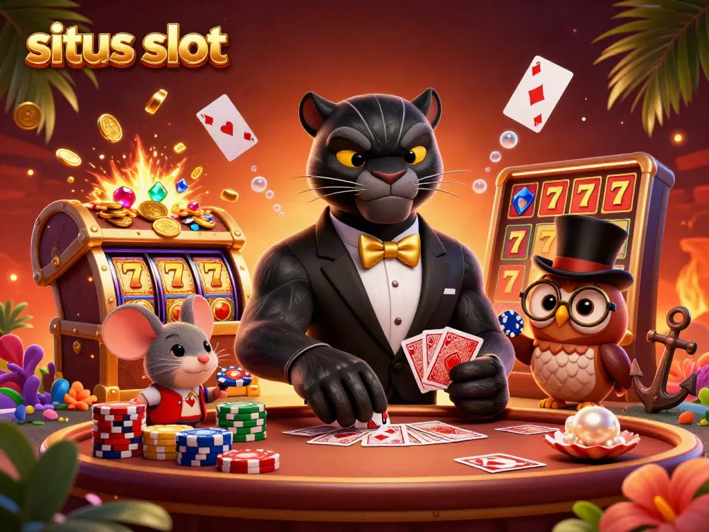 Permainan situs slot menunjukkan panther, burung hantu, dan tikus mengelilingi tumpukan chip kasino.