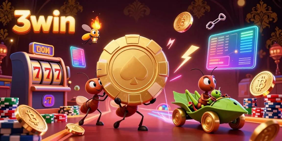 Ants on a heist with a giant poker chip representing the exciting world of 3win com.