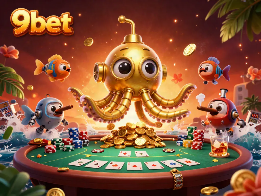 Experience thrilling gameplay at 9bet with stunning poker action and vibrant characters under a sea of coins.