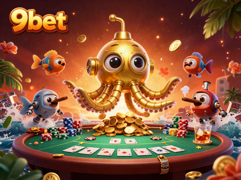 Experience thrilling gameplay at 9bet with stunning poker action and vibrant characters under a sea of coins.
