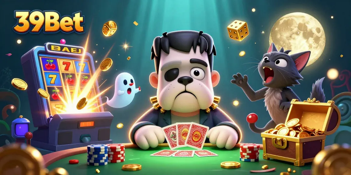 39Bet players engage in thrilling card games, alongside vibrant casino elements like slots and golden coins, enhancing excitement.