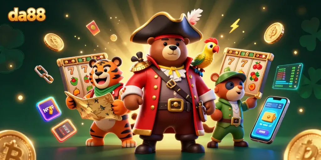 Bet big with da88's lively casino scene featuring a pirate bear and tiger at the slots.