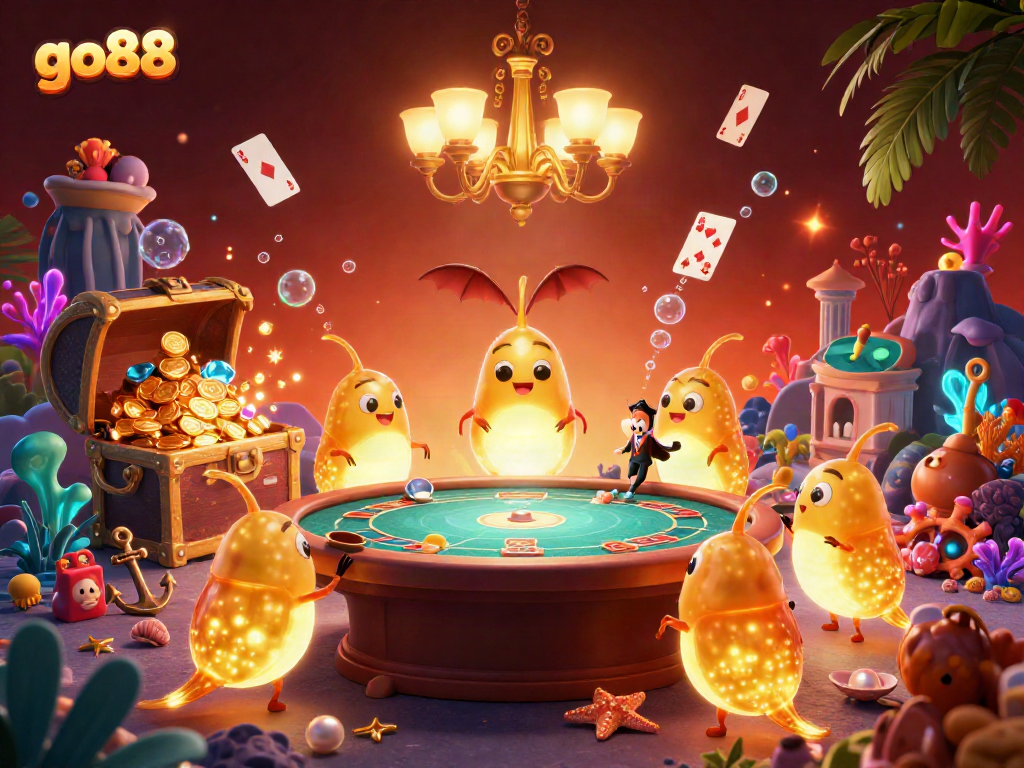 Experience the excitement of go88 with charming glowworms lighting an underwater casino scene.