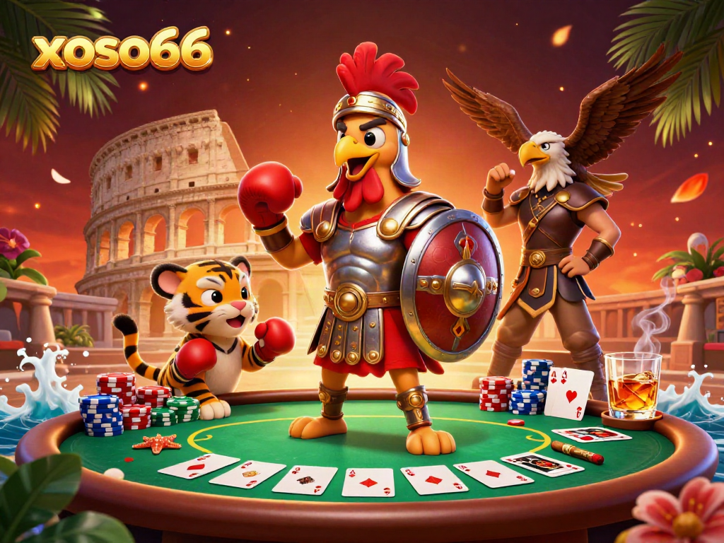 Engage in the vibrant action of xoso66 with a spirited scene showcasing a gladiator rooster and playful tiger cub.