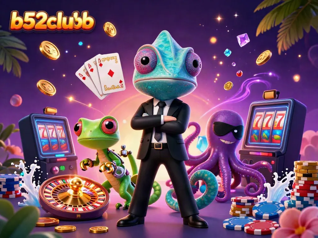 Engage in thrilling gaming adventures with b52clubb's dynamic 3D casino scene featuring vibrant game elements.