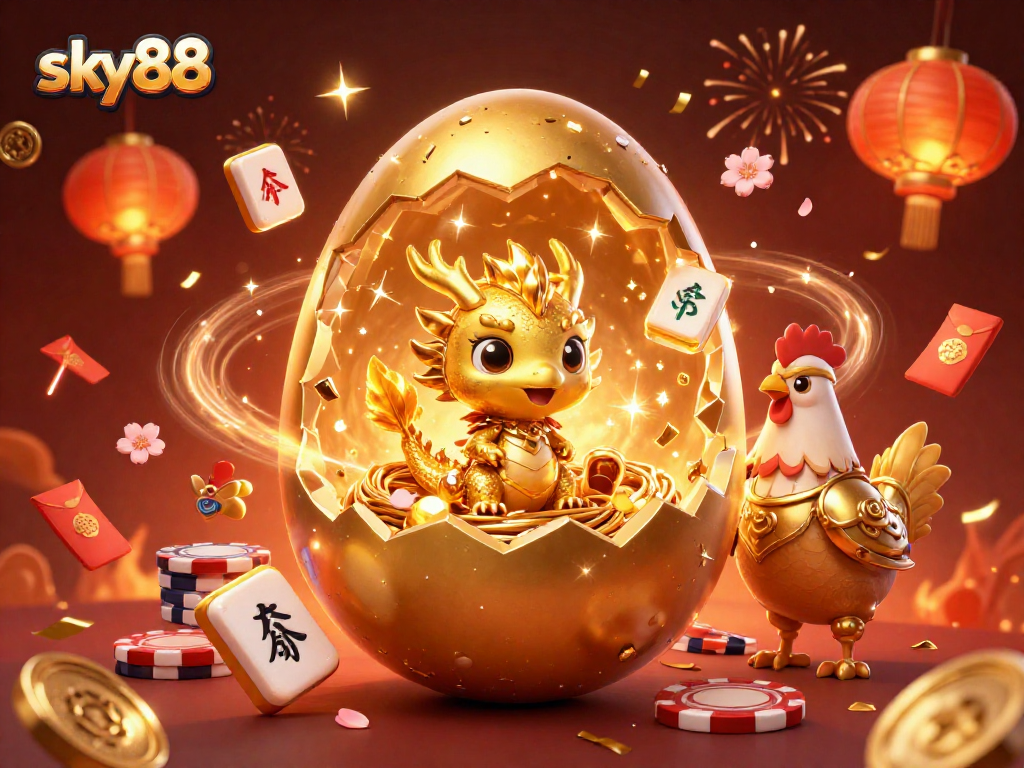 Sky88's thrilling gaming world with a golden dragon and poker-themed festivities.