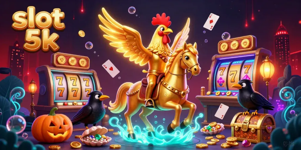 Spin to win on slot 5k games with a vibrant casino illustration featuring a magical rooster and treasure.