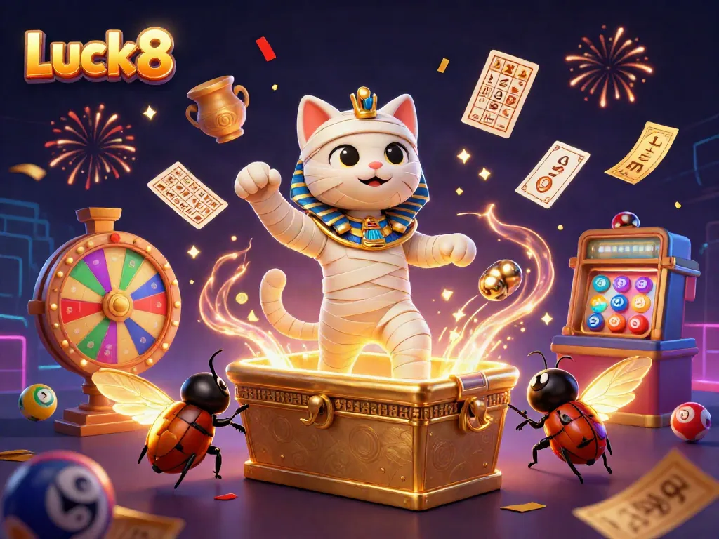 Experience the thrilling ambiance of Luck8 with vibrant characters and dynamic casino elements energetically bursting into action.
