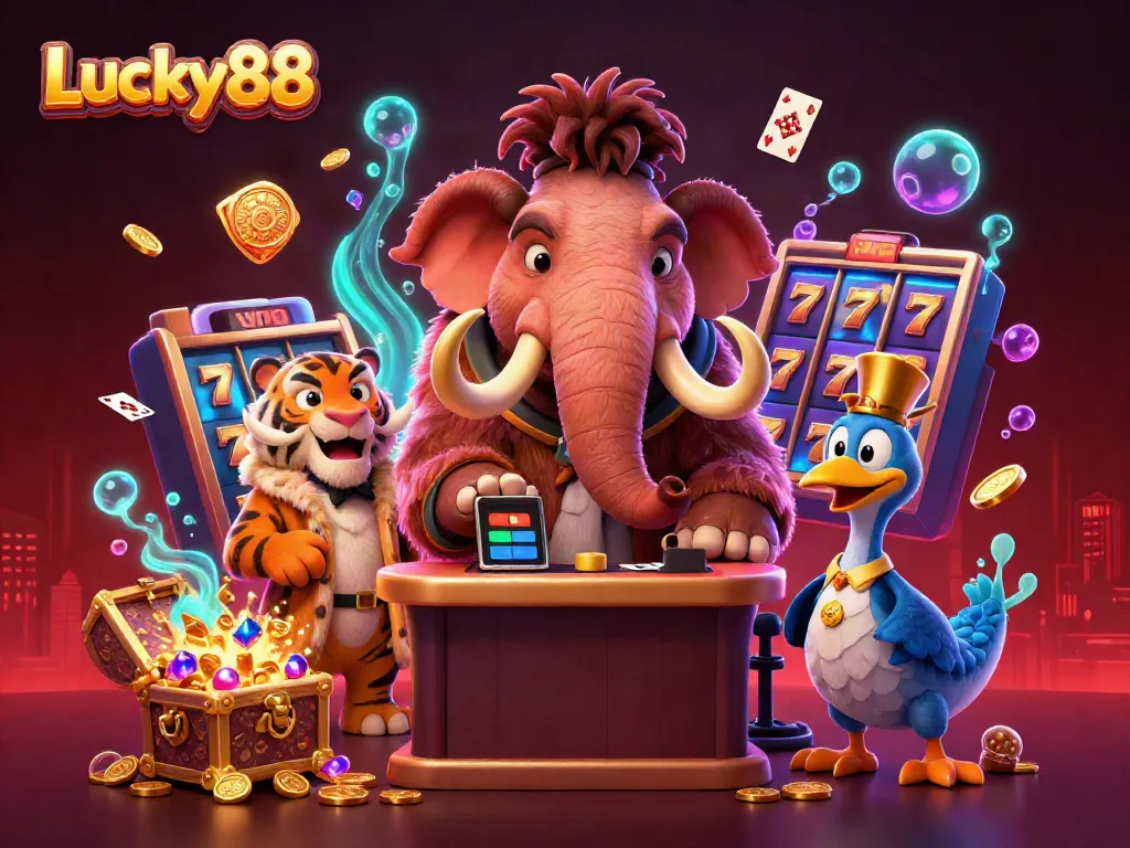 Enjoy the vibrant Lucky88 casino experience featuring a woolly mammoth bouncer checking IDs and a saber-tooth VIP.