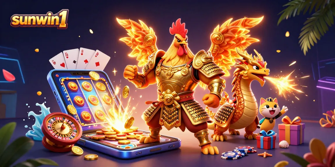 Win big at sunwin1 with colorful slots and dynamic characters in a vibrant 3D scene.