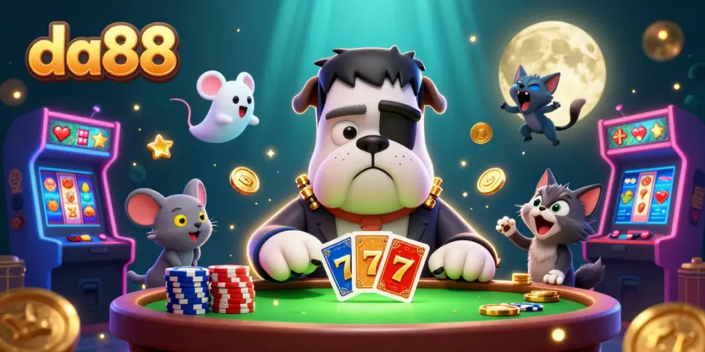 Engage with da88's vibrant casino experience as a bulldog monster deals cards amidst golden jackpots and arcade elements.