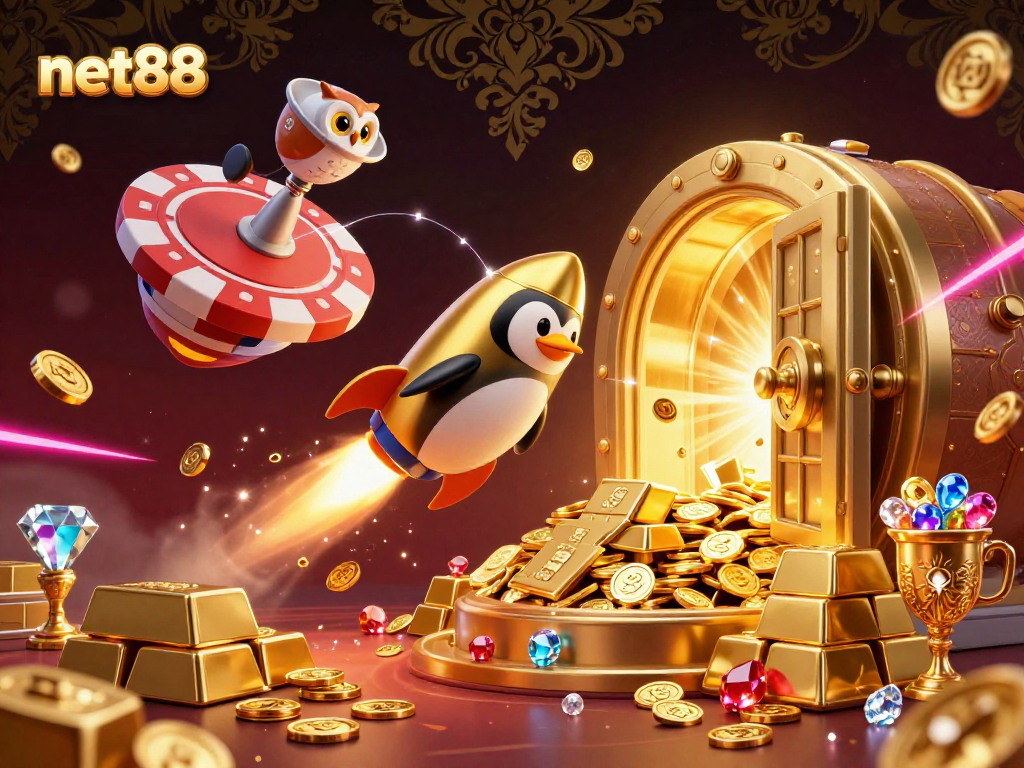 Experience the thrill of net88 with a golden penguin and a dazzling casino space station.