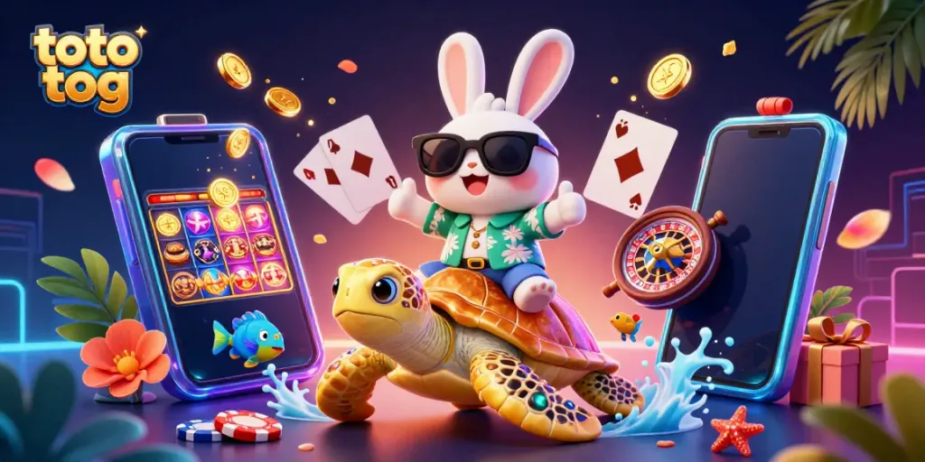 Experience the excitement of toto tog featuring a lucky rabbit and golden turtle amidst vibrant casino elements.