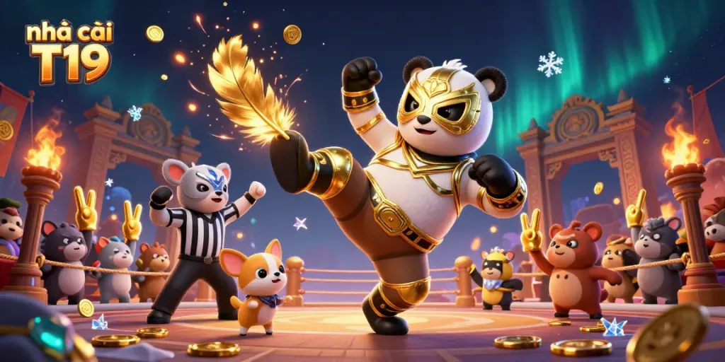 Experience the excitement of nhà cái T19 with a panda wrestler and lively crowd in a vibrant casino scene.