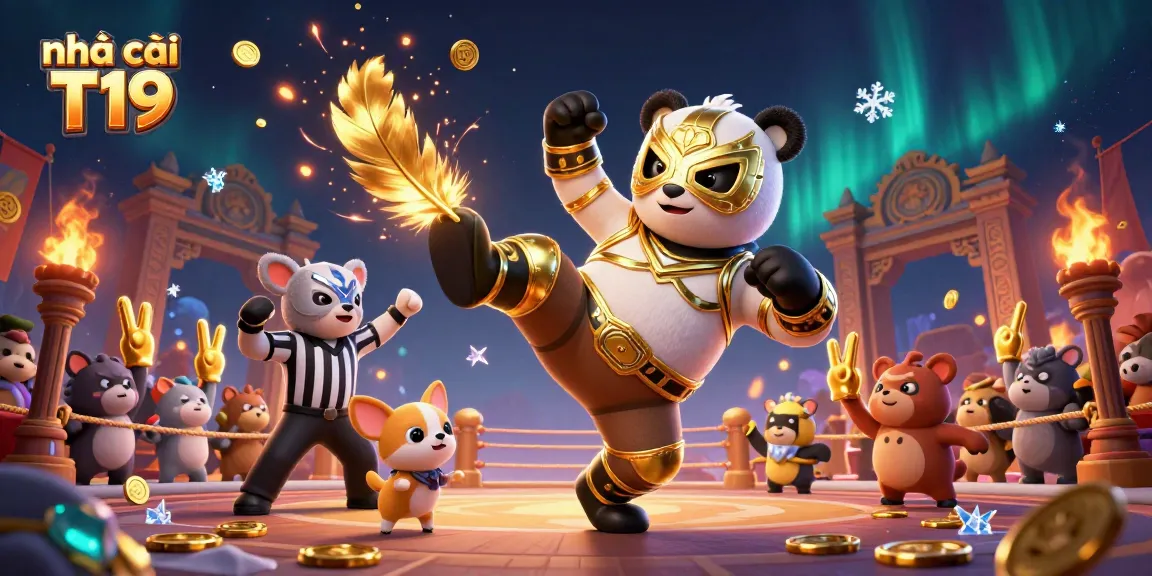 Experience the excitement of nhà cái T19 with a panda wrestler and lively crowd in a vibrant casino scene.
