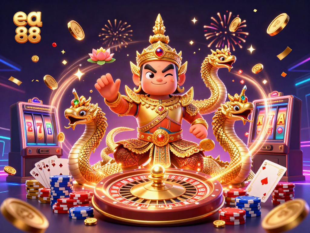 Experience the excitement of ea 88 with vibrant casino elements and a welcoming guardian in an ultra-detailed 3D scene.
