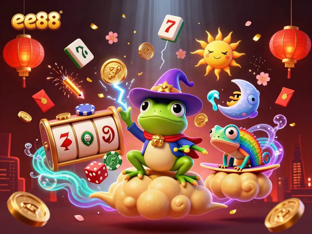 Experience the thrilling world of ee88 with vibrant characters, golden coins, and casino elements.