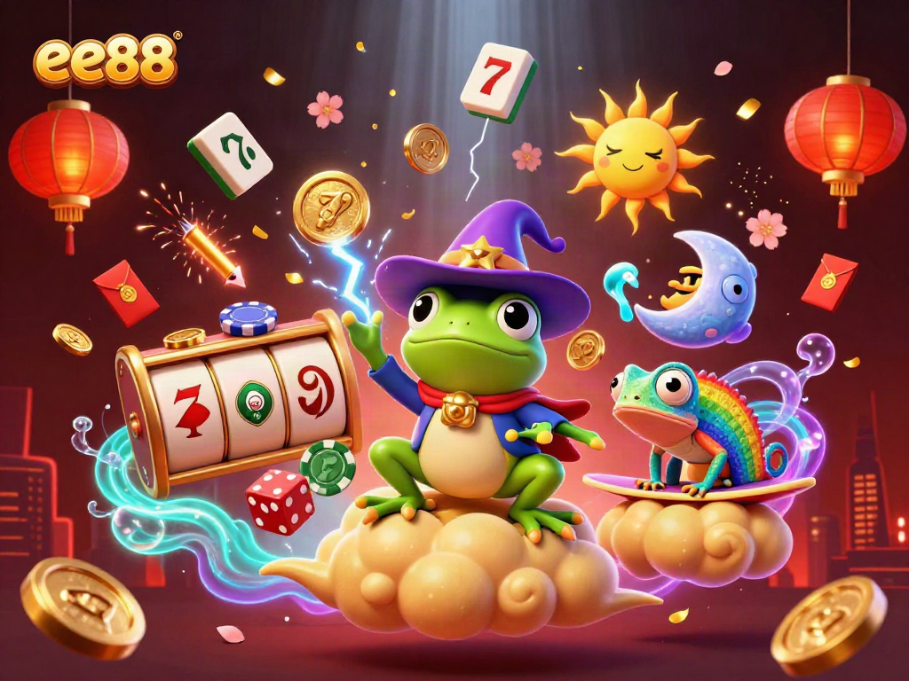 Experience the thrilling world of ee88 with vibrant characters, golden coins, and casino elements.