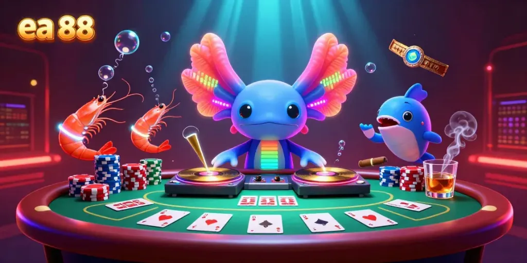 Witness the vibrant ea 88 casino scene with a neon axolotl DJ and lively underwater characters.