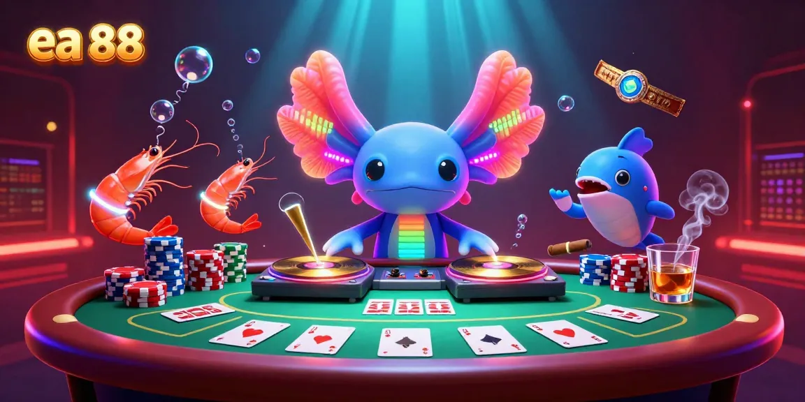 Witness the vibrant ea 88 casino scene with a neon axolotl DJ and lively underwater characters.