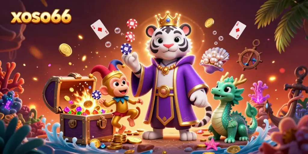 xoso66 brings excitement with a royal-themed casino scene featuring a tiger, monkey, and jade dragon.