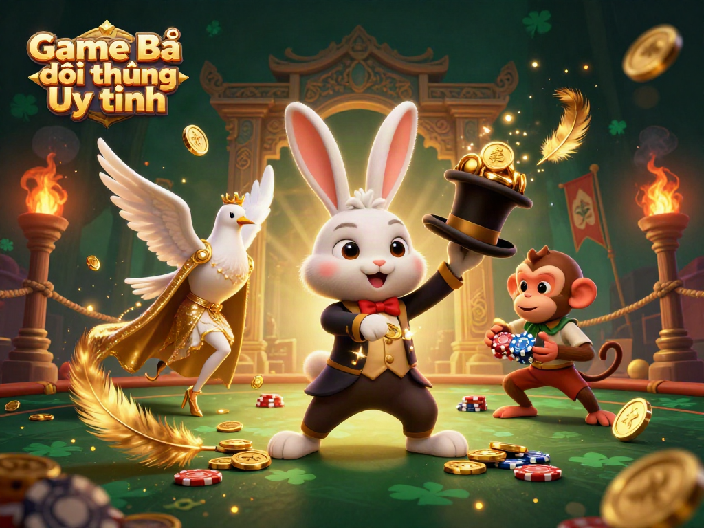 Experience the thrill of Game Bài Đổi Thưởng Uy Tín with a vibrant, magical casino scene featuring cartoon characters.