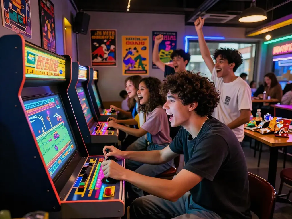 Friends enjoying classic arcade games on PECAH404 with retro sounds and vibrant atmosphere