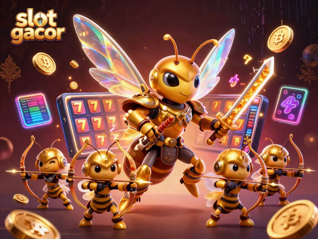 Enter the thrilling world of slot gacor with a vibrant 3D illustration featuring dynamic casino elements and rich characters.