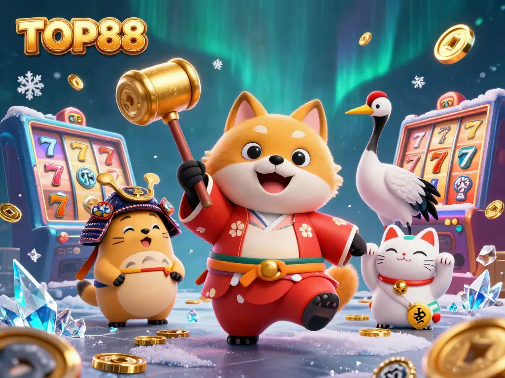 Experience the excitement of TOP88 with a cheerful raccoon holding a golden mallet and vibrant slots.